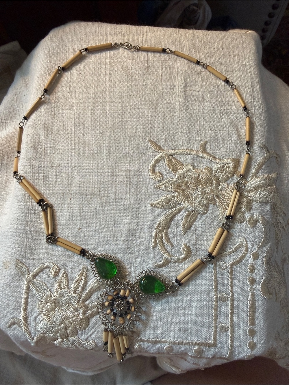 Peruvian handmade bamboo  necklace w malachite at pendant